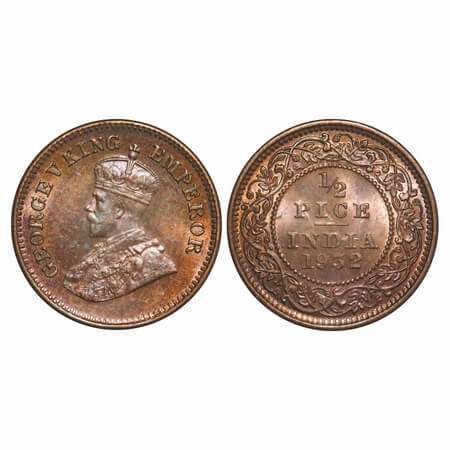 George V, Bronze, 1/2 Pice, 1932, Calcutta Mint, No mint mark, Complete skull ghost on Rev
