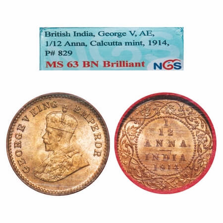 George V, Bronze, 1/12 Anna, 1914, Calcutta Mint, No dot. F. Prid. 829. GK 1225. NGS Slabb