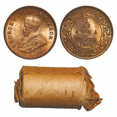 George V, Bronze, 1/12 Anna, 1914, (Roll of 24 coins), Calcutta Mint, No dot. F. Prid. 829