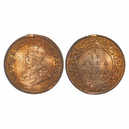 George V, Bronze, 1/12 Anna, 1915, Calcutta Mint, No dot, Planchet flaw on Obv, Die crack