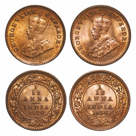 George V, Bronze, 1/12 Anna, (2 coins), 1) 1920, Calcutta Mint, No dot, 2) 1936, Bombay Mi
