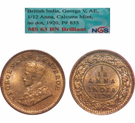 George V, Bronze, 1/12 Anna, 1920, Calcutta Mint, No dot. F. Prid.835. GK 1231. NGS Slabbe