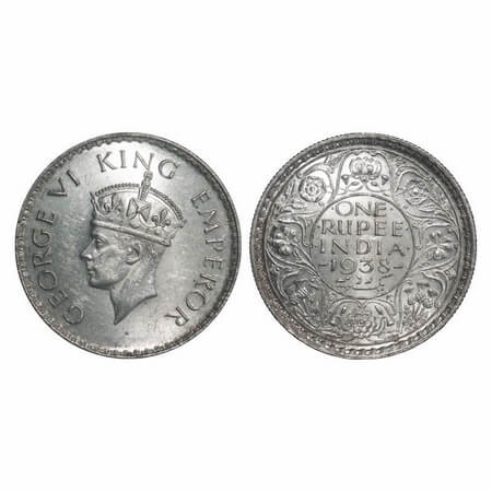 George VI, Silver, Rupee, 1938, Bombay Mint, A/I, No dot, Milled edge. F. Prid 233. GK 125