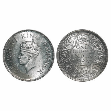 George VI, Silver, Rupee, 1938, Bombay Mint, A/I, No dot, Milled edge. F. Prid 233. GK 125