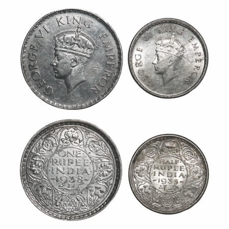 George VI, Silver, 1938 (2 coins), Bombay Mint, 1) Rupee, A/I, No dot, Milled edge, 2) Hal
