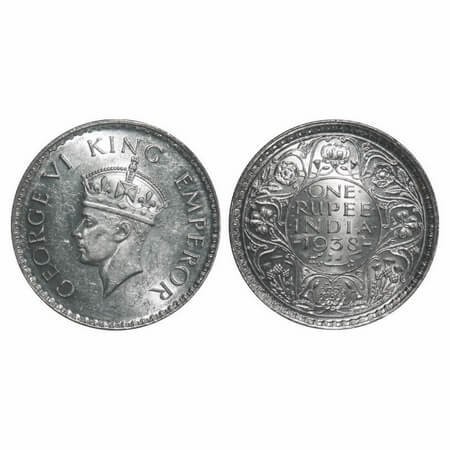 George VI, Silver, Rupee, 1938, Bombay Mint, A/I, No dot, Milled edge. F. Prid 234. GK 125