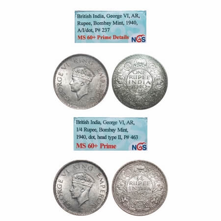 George VI, Half Silver, Rupee, 1/4 Rupee, 1940, (2 slabs), Bombay Mint, 1) A(a)/I, Dot, Se