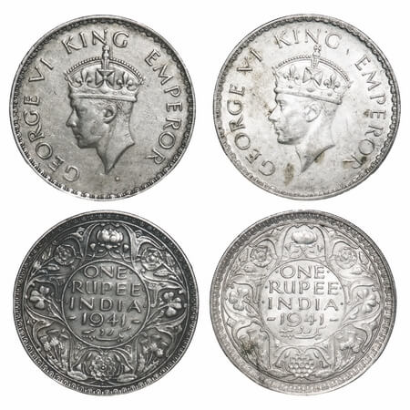 George VI, Half Silver, Rupee, 1941 (2 coins), Bombay Mint, 1) A(a)/I, Dot, Border teeth d