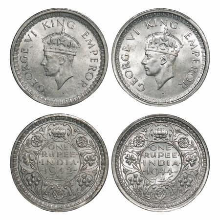 George VI, Half Silver, Rupee, 1942, 1944, (2 coins), Bombay Mint, 1) B/II, Diamond, Secur
