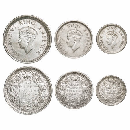 George VI, Half Silver, 1942 (3 coins), 1) Rupee, Bombay Mint, B/II, Diamond, Security edg