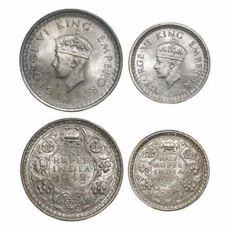 George VI, Half Silver, Rupee & Half Rupee, 1942, (2 coins), Bombay Mint, 1) B(a)/II, Diam