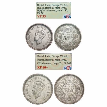 George VI, Half Silver, Rupee, 1943, (2 slabs), Bombay Mint, 1) B(a)/II, Diamond, Security