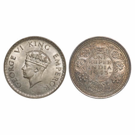 George VI, Half Silver, Rupee, 1943, Bombay Mint, A(b)/II, Diomand, Security edge, Small 3