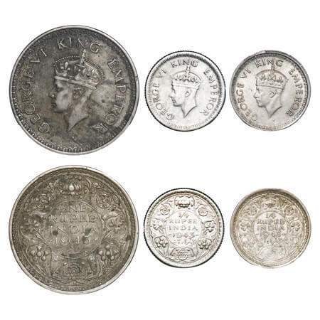 George VI, Half Silver, 1943 (3 coins), 1) Rupee, Bombay Mint, C/II, Diamond, Security edg