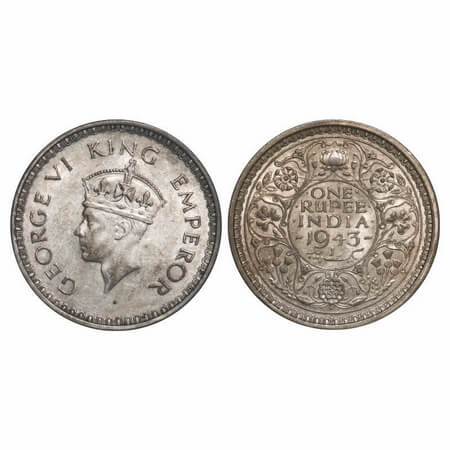 George VI, Half Silver, Rupee, 1943, Bombay Mint, C/III, Diamond, Security edge, Large 3. 