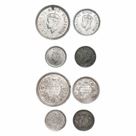 George VI, Half Silver, 1943 (4 coins), 1) Rupee, Bombay Mint, C/III, Diamond, Security ed