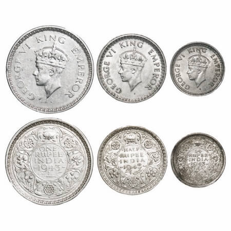 George VI, Half Silver, 1943 (3 coins), Bombay Mint, 1) Rupee, C/III, Diamond, Security ed