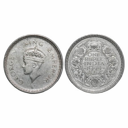 George VI, Half Silver, Rupee, 1944, Bombay Mint, C/III, Diamond, Security edge. F. Prid 2