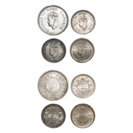 George VI, Half Silver, 1944 (4 coins), 1) Rupee, Bombay Mint, C/III, Diamond, Security ed
