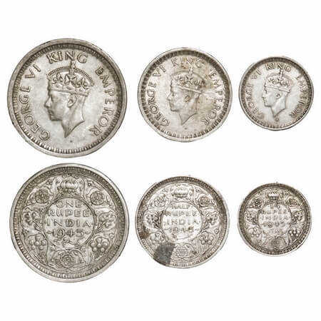 George VI, Half Silver, 1945 (3 coins), Bombay Mint, 1) Rupee, D/II, Dot, Security edge, N