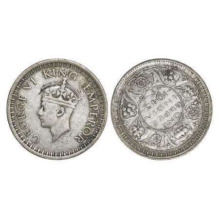 George VI, Half Silver, Rupee, 1945, Lahore Mint, D/II, 'L' raised, Security edge, Thick '