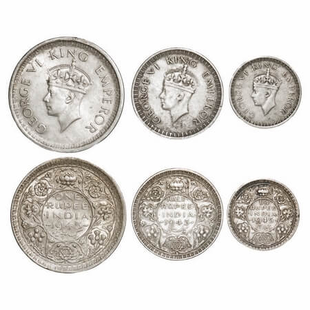 George VI, Half Silver, 1945 (3 coins), Lahore Mint, 1) Rupee, D/II, 'L' raised, Security 
