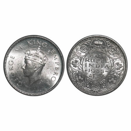 George VI, Silver, Half Rupee, 1938, A/I, Dot, Head Type I, Milled edge. F. Prid 351. GK 1