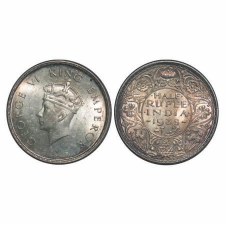 George VI, Silver, Half Rupee, 1938, Bombay Mint, A/I, Dot, Head Type I, Milled edge. F. P