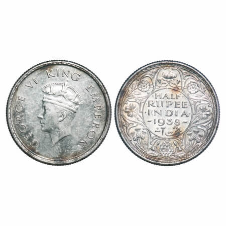 George VI, Silver, Half Rupee, 1938, A/I, Dot, Head Type I, Milled edge, With tiny Diamond