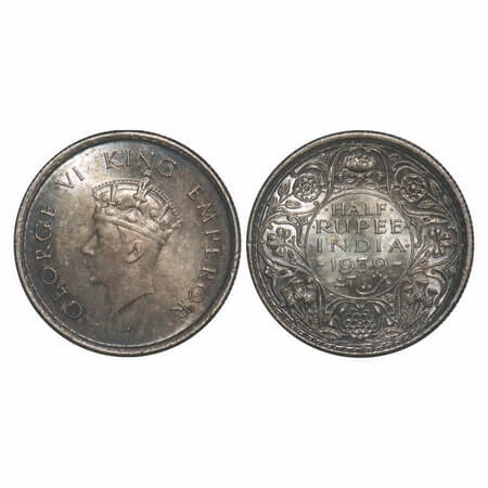 George VI, Silver, Half Rupee, 1939, Bombay Mint, A/I, Head Type I, Dot, Milled edge. F. P