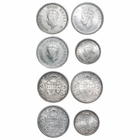 George VI, Silver, 1939 (4 coins), 1) Half Rupee, Bombay Mint, A/I, Dot, Head Type I, Mill