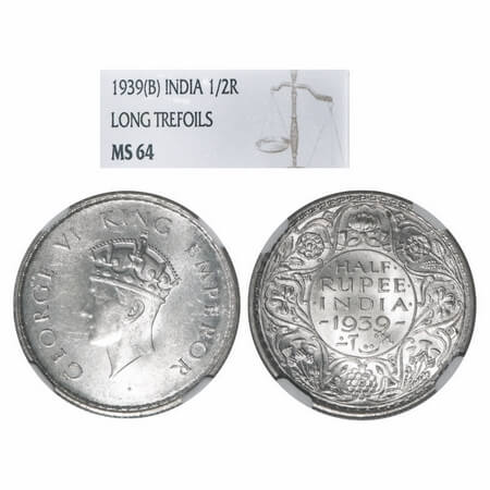 George VI, Silver, Half Rupee, 1939, Calcutta Mint, A/I, Head Type I, No dot, Milled edge,