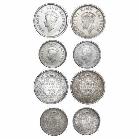 George VI, Silver, 1939 (4 coins), 1) Half Rupee, Calcutta Mint, A/I, Head Type I, No dot,