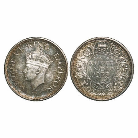 George VI, Silver, Half Rupee, 1939, Calcutta Mint, A(a)/I, no dot, Head Type II, Milled e