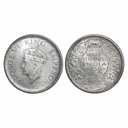 George VI, Silver, Half Rupee, 1939, Calcutta Mint, A(a)/I, No dot, Head Type II, Milled e