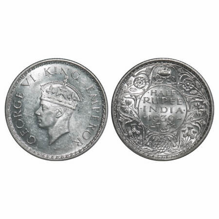 George VI, Silver, Half Rupee, 1939, Calcutta Mint, A(a)/I, No dot, Head Type II, Milled e