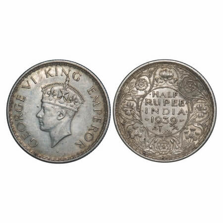 George VI, Silver, Half Rupee, 1939, Calcutta Mint, A(a)/I, Head Type II, No dot, Milled e