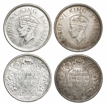 George VI, Half Silver, Half Rupee, 1940 (2 coins), Calcutta Mint, A(a)/I, No dot, head Ty