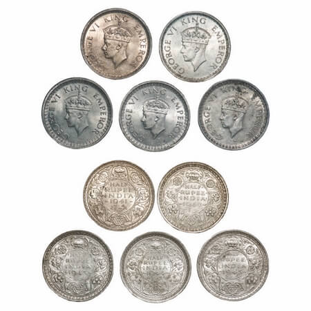 George VI, Half Silver, Half Rupee (5 coins), 1) 1941, Bombay Mint, A(a)/I(i), Dot, Securi