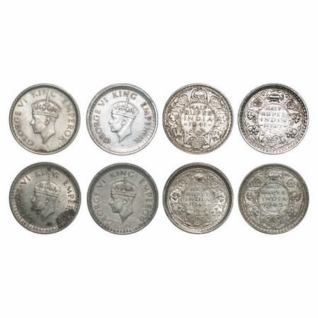 George VI, Half Silver, Half Rupee (4 coins), 1) 1941, Bombay Mint, A(a)/I(i), Dot, Securi