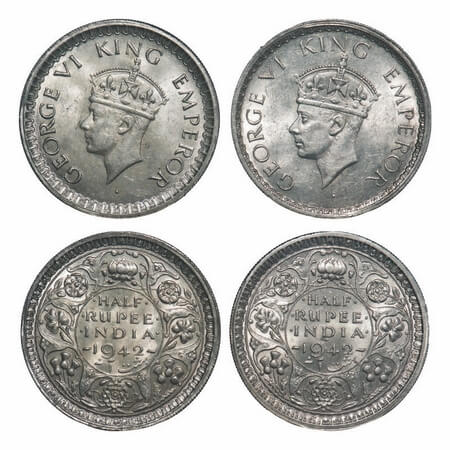 George VI, Half Silver, Half Rupee (2 coins), 1942, Bombay Mint, Head Type II, Security ed
