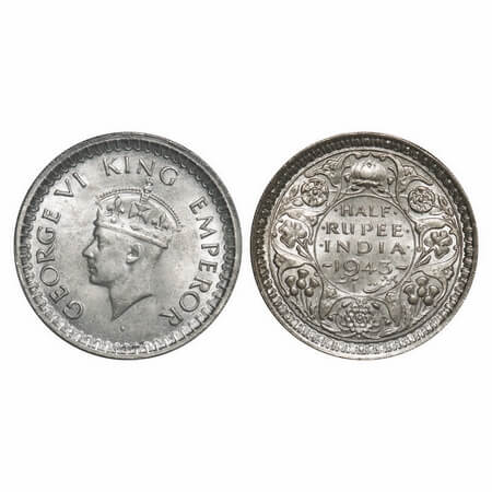 George VI, Half Silver, Half Rupee, 1943, Bombay Mint, B/II, Dot, Head Type II, Security e