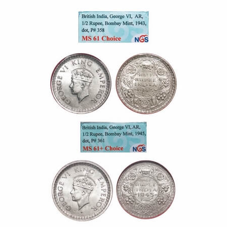 George VI, Half Silver, Half Rupee, 1943, 1945, (2 slabs), Bombay Mint, B/II, Dot, Head Ty