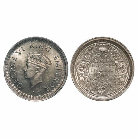 George VI, Half Silver, Half Rupee, 1944, Bombay Mint, B/III, Dot, Head Type II, Security 