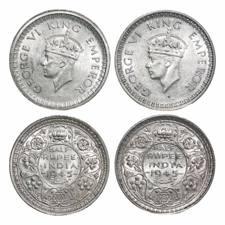 George VI, Half Silver, Half Rupee, 1945 (2 coins), 1) Bombay Mint, B/II, Dot, Head Type I