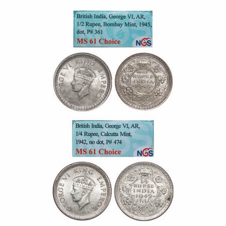 George VI, Half Silver, Half Rupee, 1/4 Rupee, (2 slabs), 1) 1945, Bombay Mint, B/II, Dot,