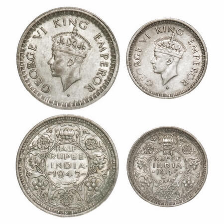 George VI, Half Silver, 1945 (2 coins), Bombay Mint, 1) Half Rupee, B/II, Dot, Head Type I
