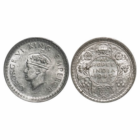 George VI, Half Silver, Half Rupee, 1945, Lahore Mint, B/II, 'L' raised, Head Type II, Sec