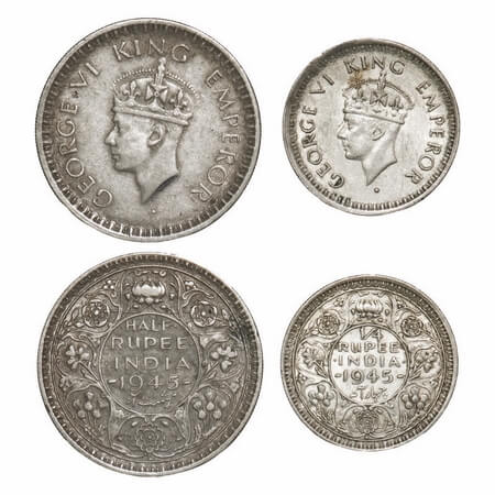 George VI, Half Silver, 1945 (2 coins), 1) Half Rupee, Lahore Mint, B/II, 'L' raised, Head