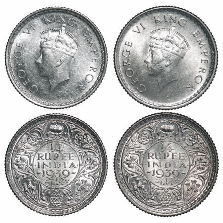 George VI, Silver, 1/4 Rupee, 1939 (2 coins), 1) Bombay Mint, Dot, Head Type I, Rev 1, Mil
